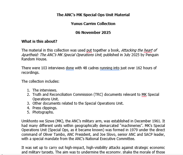 he ANC’s MK Special Ops Unit Material Yunus Carrim Collection 06 November 2025