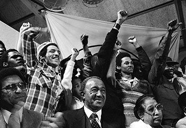 Dr Alan Boesak, Archie Gumede and Mrs Naicker at the launch of the UDF. © Omar Badsha 1983