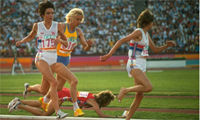 Zola Budd of SA and Mary Decker of the USA collide accidentally during the 3000m in the 1984 Los Angeles Olympics