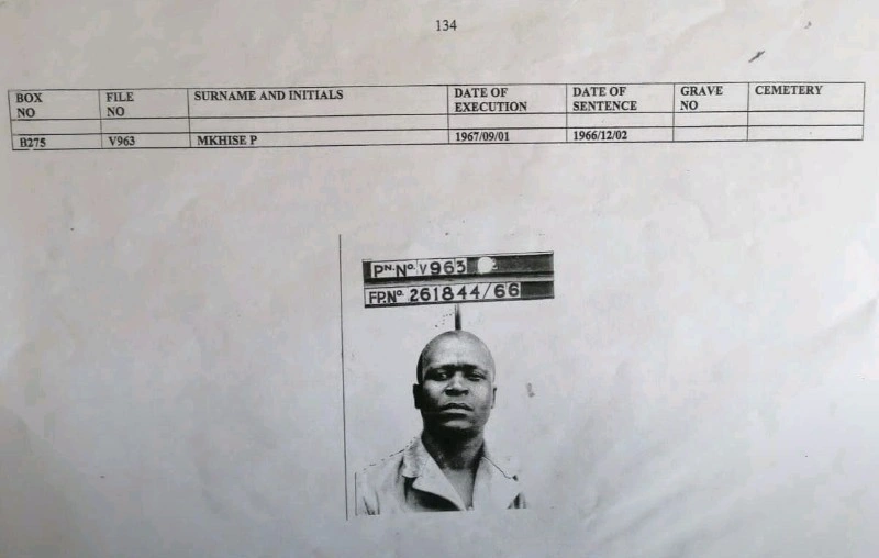 Pretoria Central Prison execution register entry and prison photograph of Petros Sipho Sibusiso Mkhize, recorded as "Mkhise P", File V963