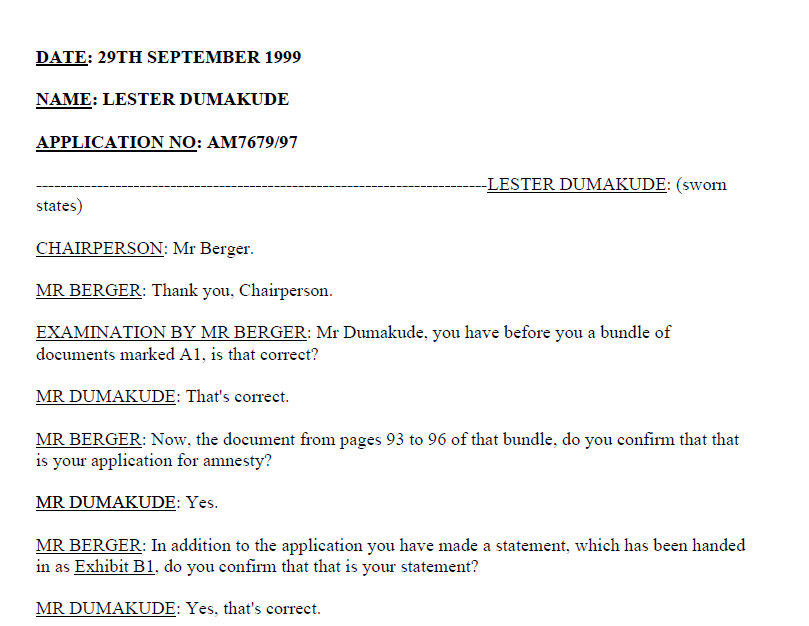 Lester Dumakude, Amnesty hearing, 29 September 1999
