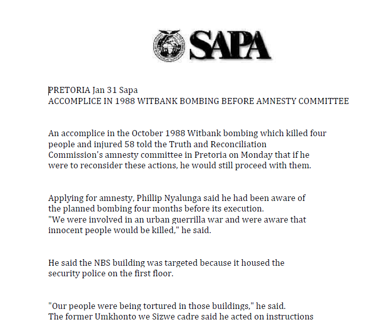 Accomplice in 1988 Witbank Bombing before Amnesty Committee, South African Press Association, 31 January 2000
