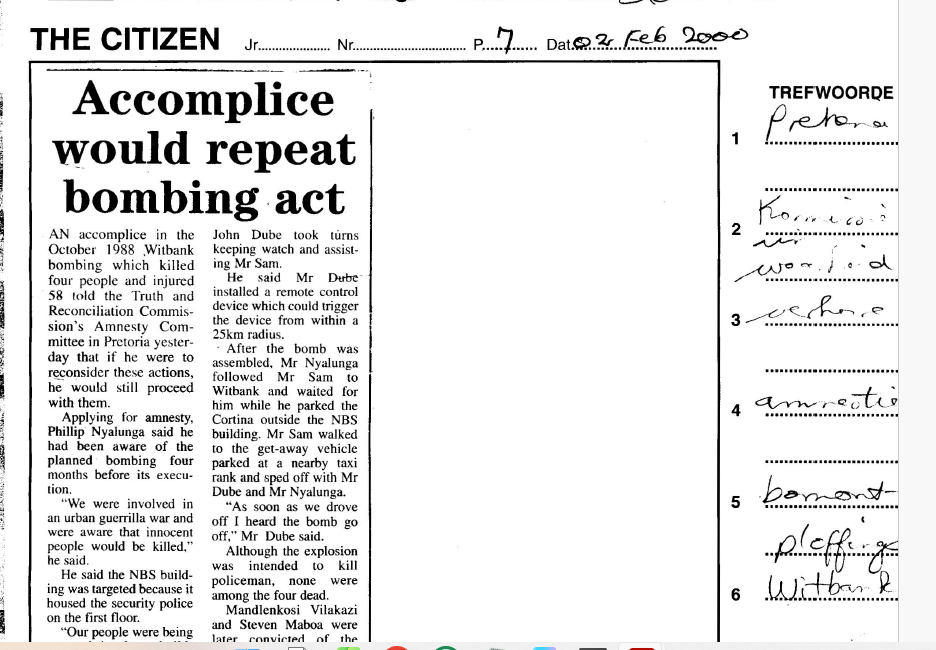 Accomplice would repeat bombing act, The Citizen, 2 February 2000