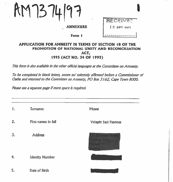 Amnesty AM7374/97, Application for amnesty, Velaphi Msane, 18 April 1997