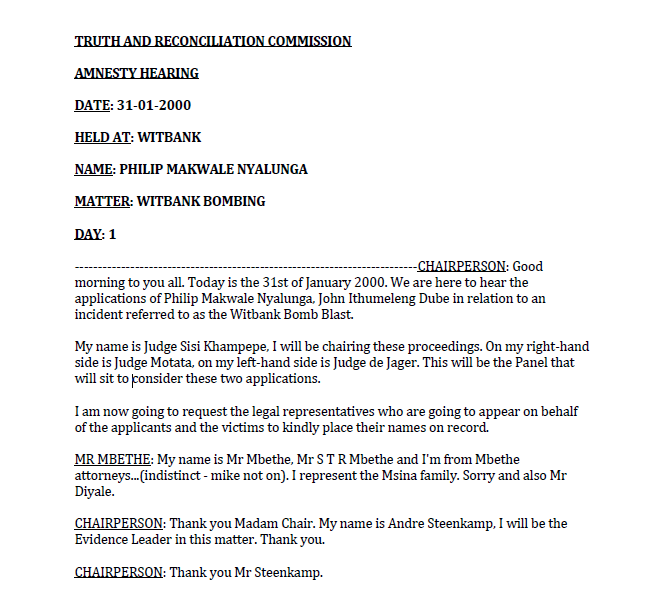  Truth and Reconciliation Commission Amnesty Hearing, Philip Makwale Nyalunga