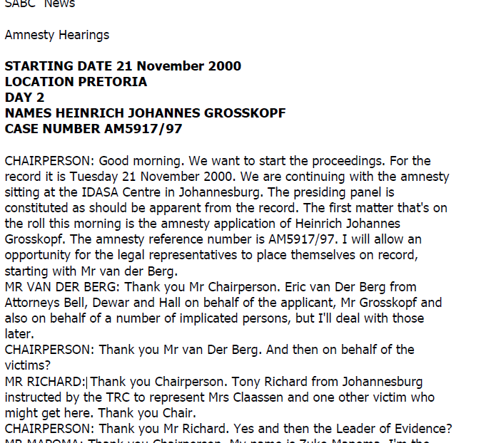 Amnesty Hearings, Day 2, Heinrich Johannes Grosskopf, Case number AM5917/97, 21 November 2000