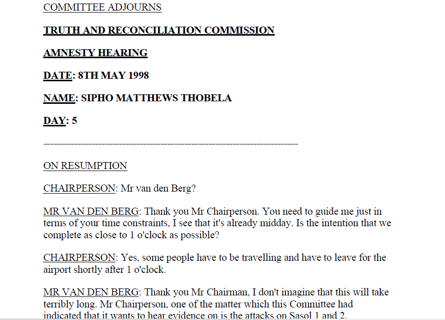 Amnesty hearing, Sipho Matthews Thobela, 8 May 1998, Day 5