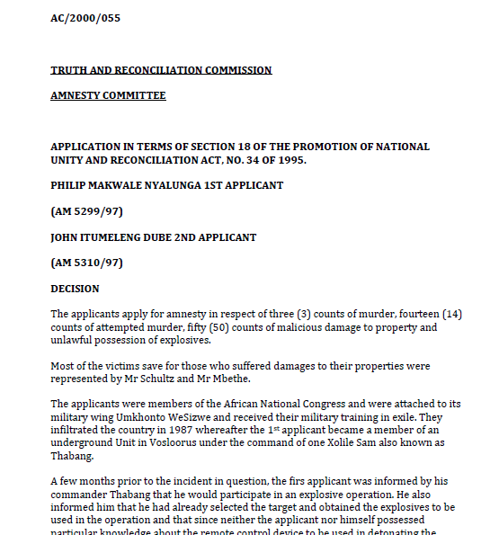 Application in terms of section 18 of the promotion of National Unity and Reconciliation Act, no . 34 of 1995. Philip Makwale Nyalunga 1st applicant; John Itumeleng Dube, 2nd applicant
