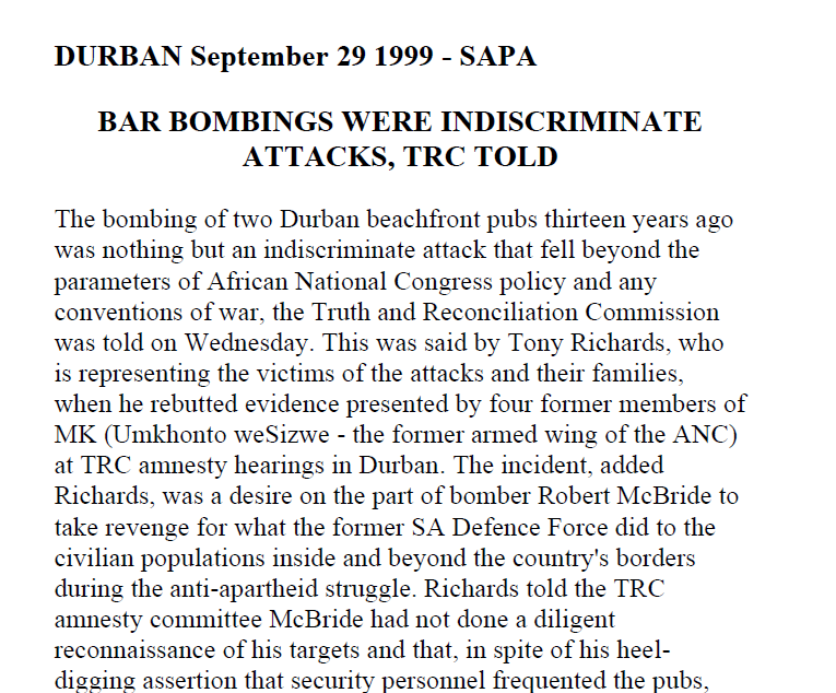 Bar bombings were indiscriminate attacks, TRC told, SAPA, 29 September 1999
