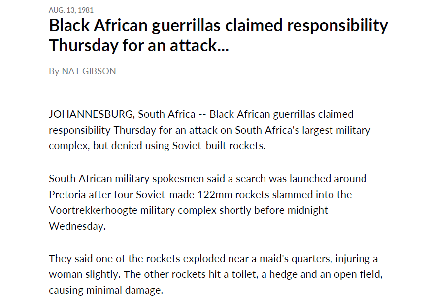 Black African guerrillas claimed responsibility Thursday for an attack, by Nat Gibson, United Press International, 13 August 1981