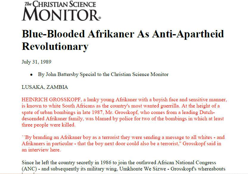 Blue-Blooded Afrikaner as Anti-Apartheid Revolution, by John Battersby, The Christian Science Monitor, 31 July 1989