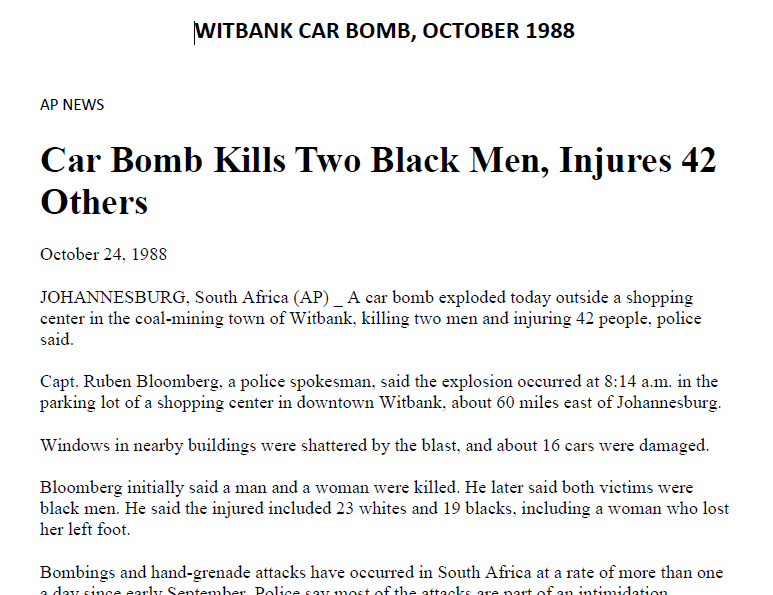 Car Bomb Kills Two Black Men, Injures 42 Others, AP News, 24 October 1988
