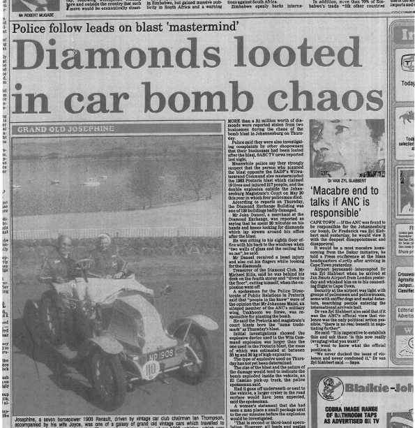 Diamonds looted in car bomb chaos, Natal Witness, 1 August 1987