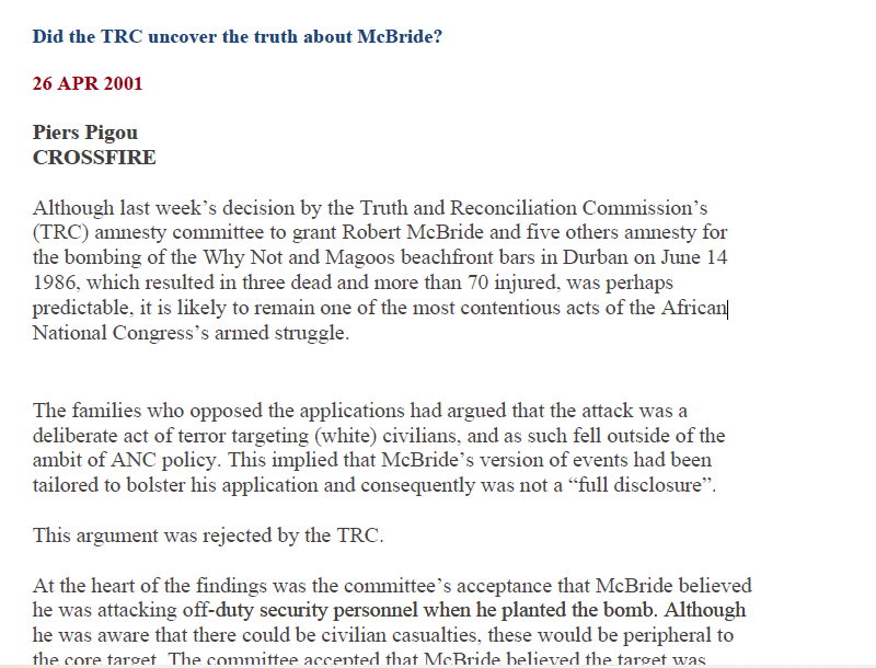 Did the TRC uncover the truth about McBride? by Piers Pigou, Mail and Guardian, 26 April 2001