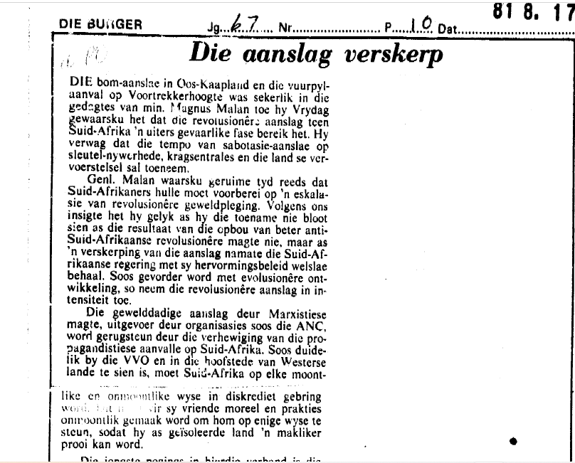 Die aanslag verskerp, Die Burger, 17 August 1981