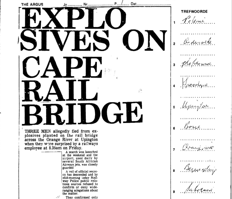 Explosives on Cape rail bridge, The Argus, 27 September 1982