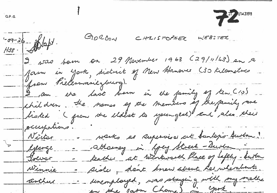 Gordon Webster statement after arrest, 29 September 1987