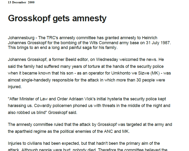 Grosskopf gets amnesty, 13 December 2000
