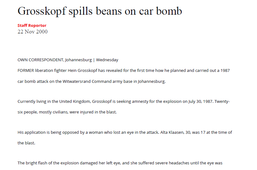 Grosskopf spills beans on car bomb, Mail and Guardian, 22 November 1988