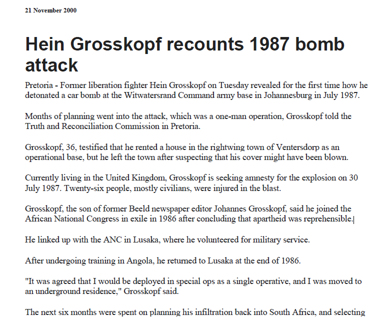 Hein Grosskopf recounts 1987 bomb attack, SAPA, 21 November 2000