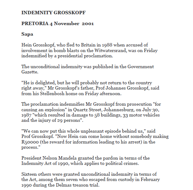 Indemnity Grosskopf, 4 November 2001