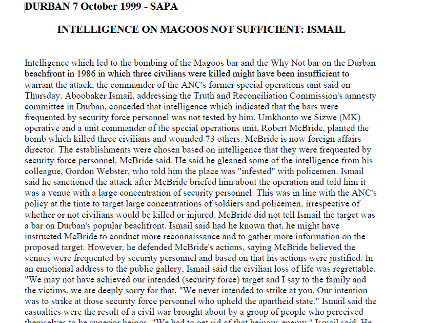 Intelligence on Magoos not sufficient: Ismail, SAPA, 7 October 1999
