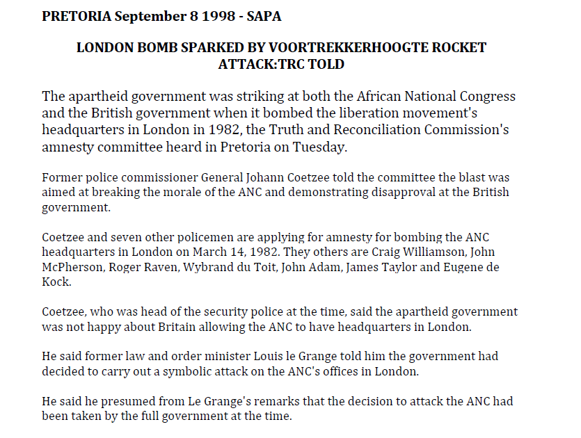 London bomb sparked by Voortrekkerhoogte rocket attack, TRC told, SAPA, 8 September 1998