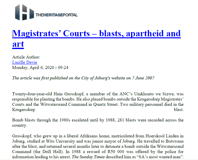 Magistrates' courts - blasts, apartheid and art, by Lucille Davie, The Heritage Portal, 6 April 2020