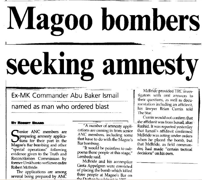 Magoo Bombers seeking amnesty, Robert Brand, The Star, 23 April 1997