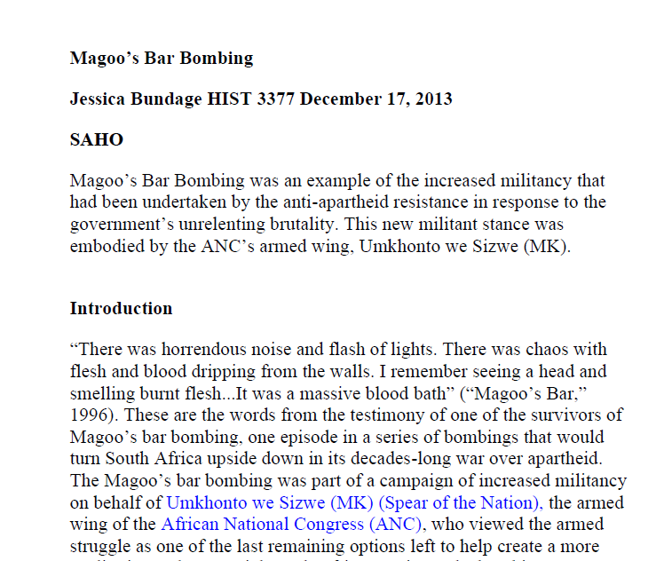 Magoo’s Bar Bombing - Jessica Bundage HIST 3377 December 17, 2013