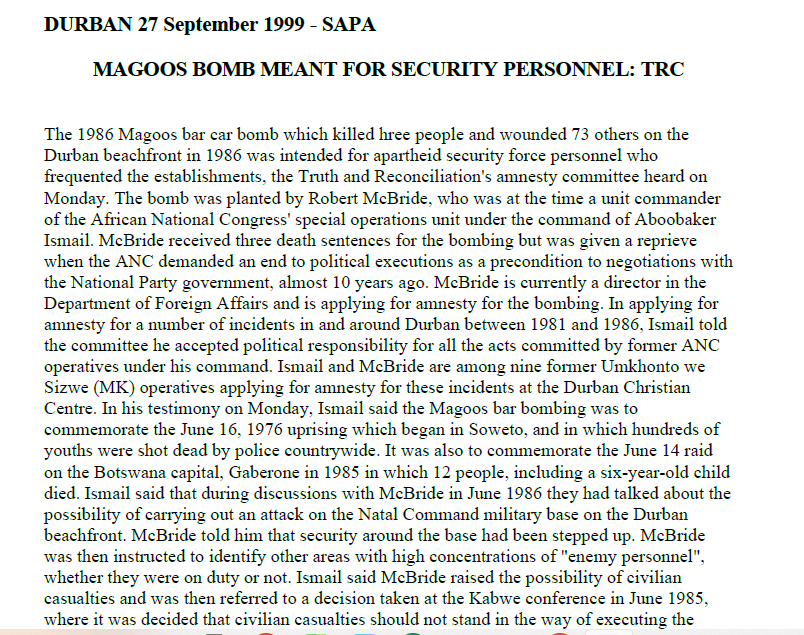 Magoos Bomb meant for security personnel: TRC, SAPA, 27 September 1999