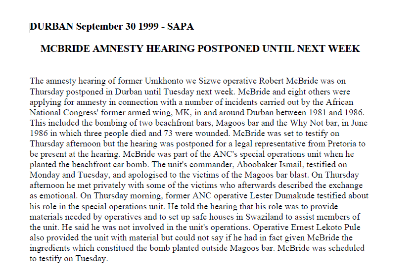 McBride Amnesty Hearing Postponed until Next Week, SAPA, 30 September 1999