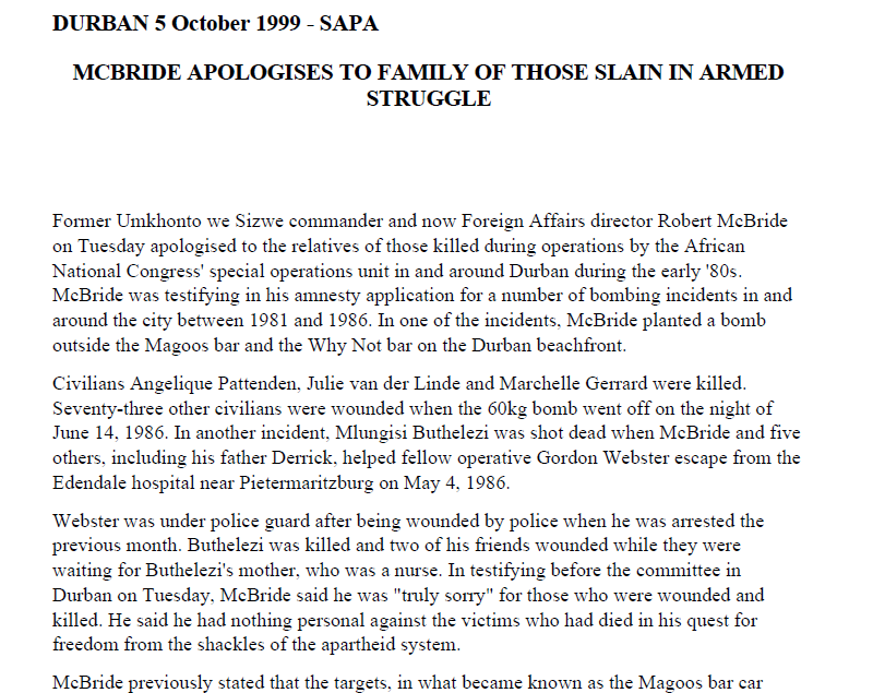 McBride apologises to family of those slain in armed struggle, SAPA, 5 October 1999