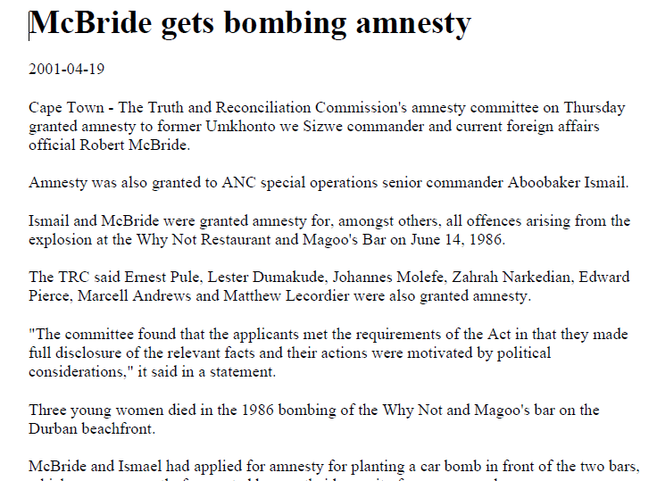 McBride gets bombing amnesty, SAPA, 19 April 2001