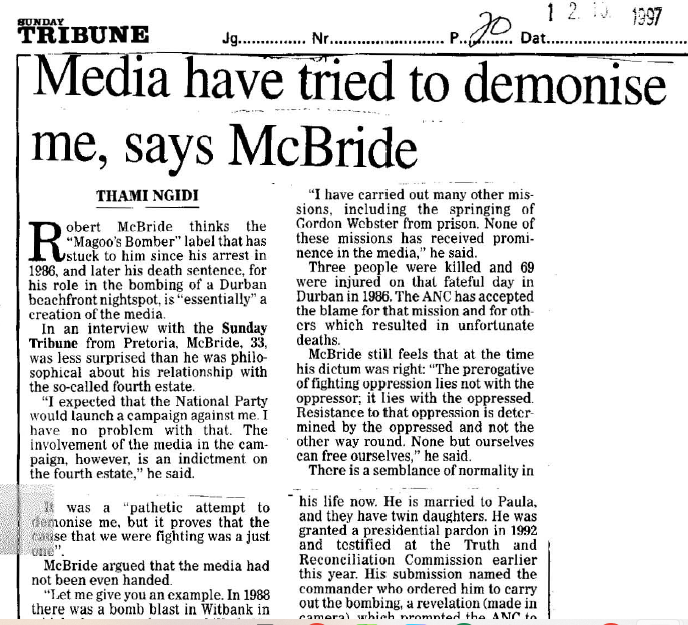 Media have tried to demonise me, says McBride, by Thami Ngidi, Sunday Tribune, 2 October 1997