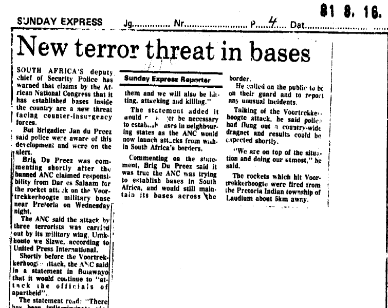 New terror threat in bases, Sunday Express, 16 August 1981