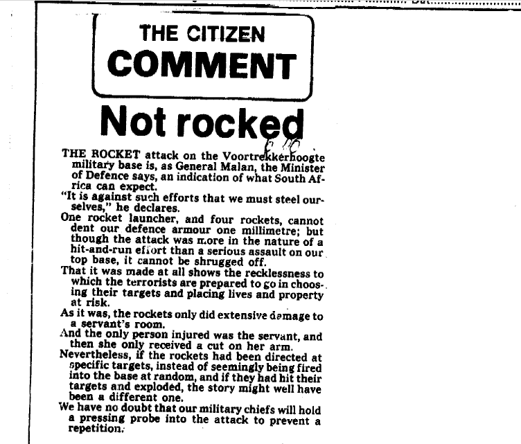 Not rocked, The Citizen, 15 August 1981