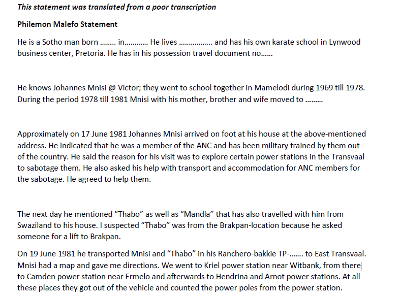 Philemon Malefo Statement