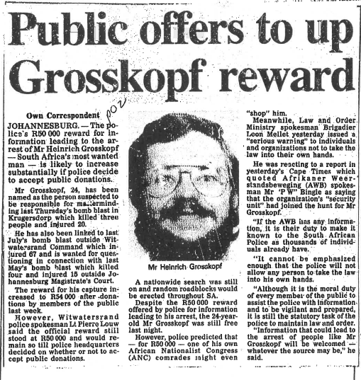 Public offers to  up Grosskopf reward, The Cape Times, 22 March 1988 