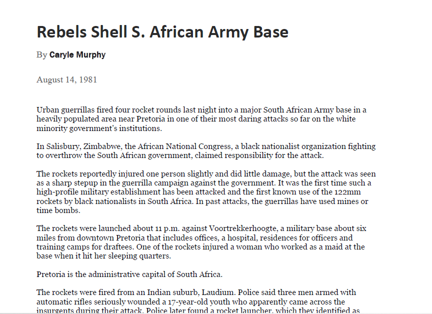 Rebels Shell S. African Army Base, by Caryle Murphy, Washington Post, August 14, 1981