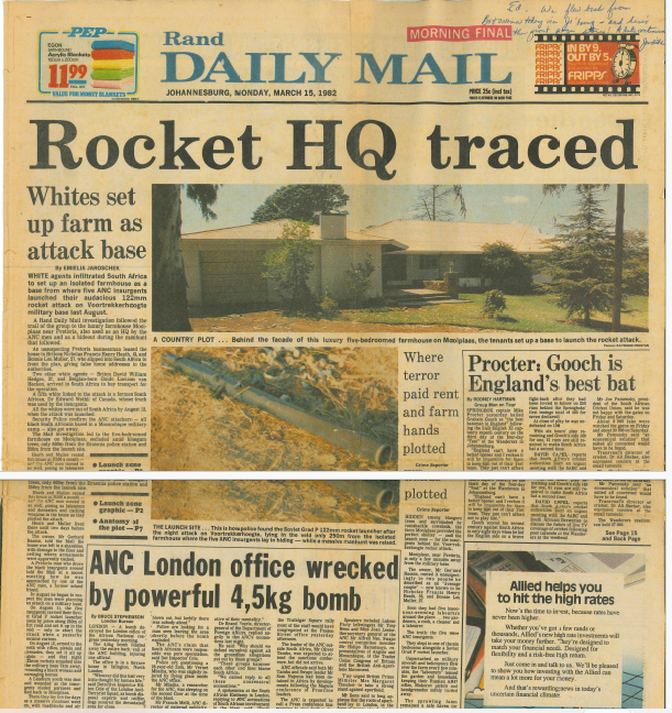 Rocket HQ traced, Emielia Jaroschek, Rand Daily Mail, 15 March 1982