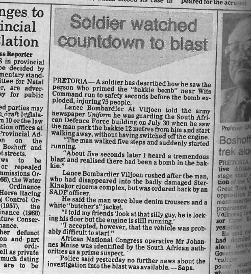 Soldier watched countdown to blast, Natal Witness, 14 August 1987