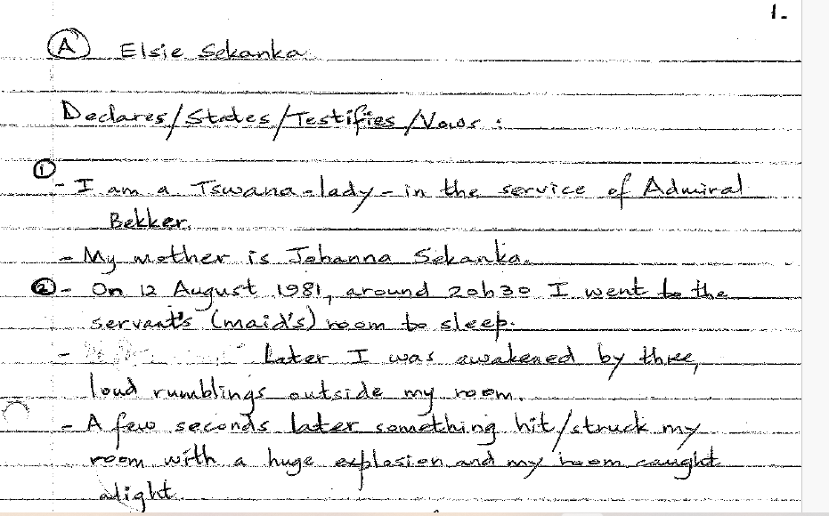 Statements to the police by Ms Sekanka on 1 September 1981 and Zahed Patel on 14 August 1981