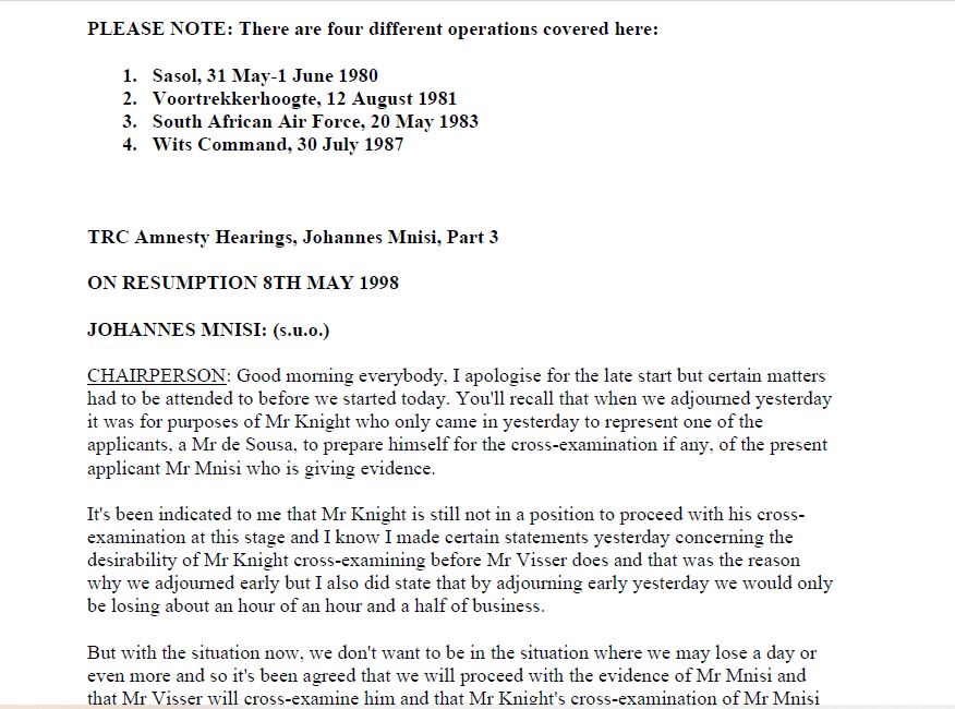 TRC Amnesty Hearings, Johannes Mnisi, Part 3, on resumption 8th day May 1998 
