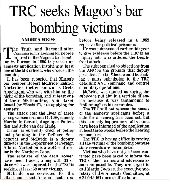 TRC seeks Magoo's bar bombing victims, by Andrea Weiss, Sunday Tribute, 10 November 1997