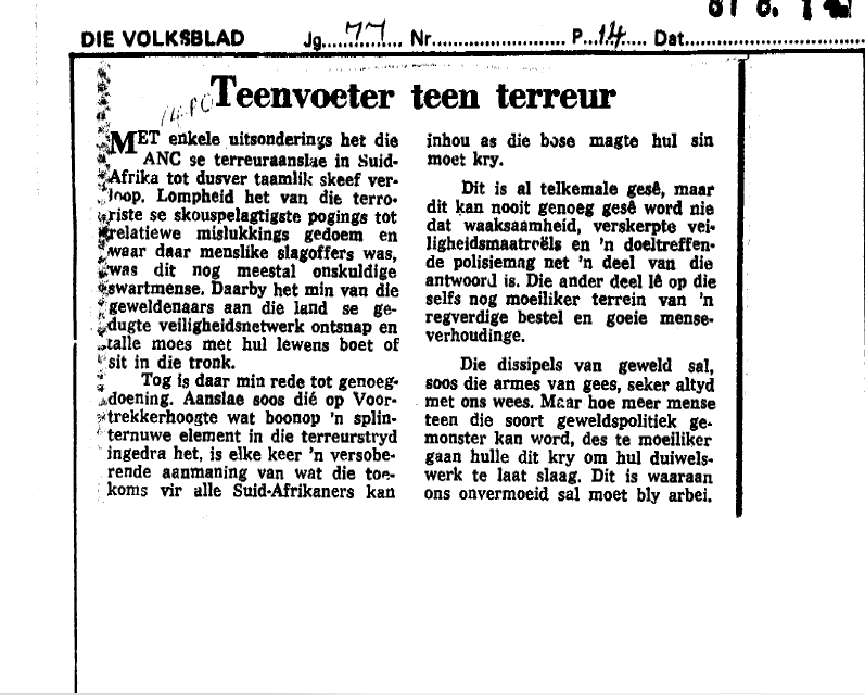 Teenvoeter teen terreur, Die Volksblad, 14 August 1981