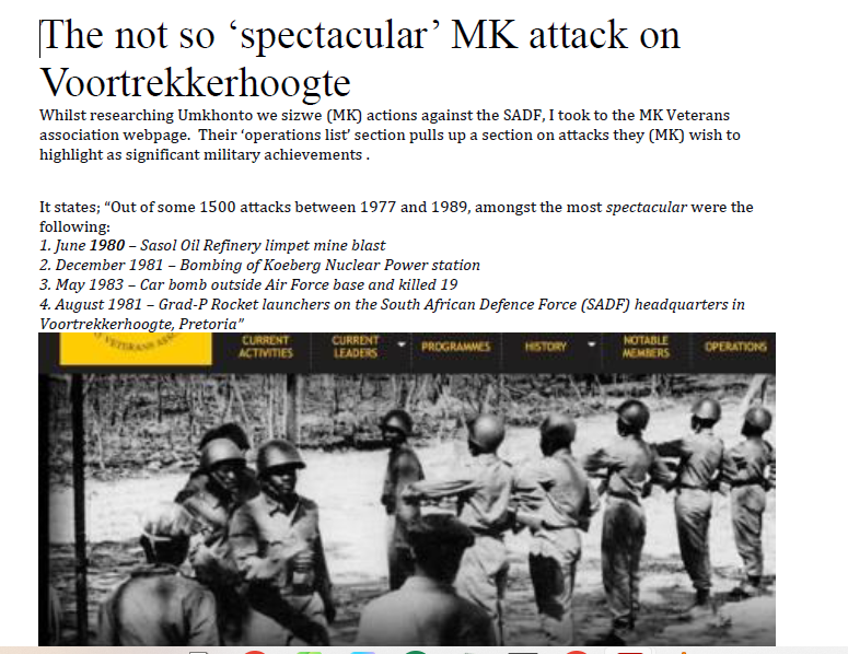  The not so ‘spectacular’ MK attack on Voortrekkerhoogte, by Peter Dickens, Observation Post, 23 September 2017