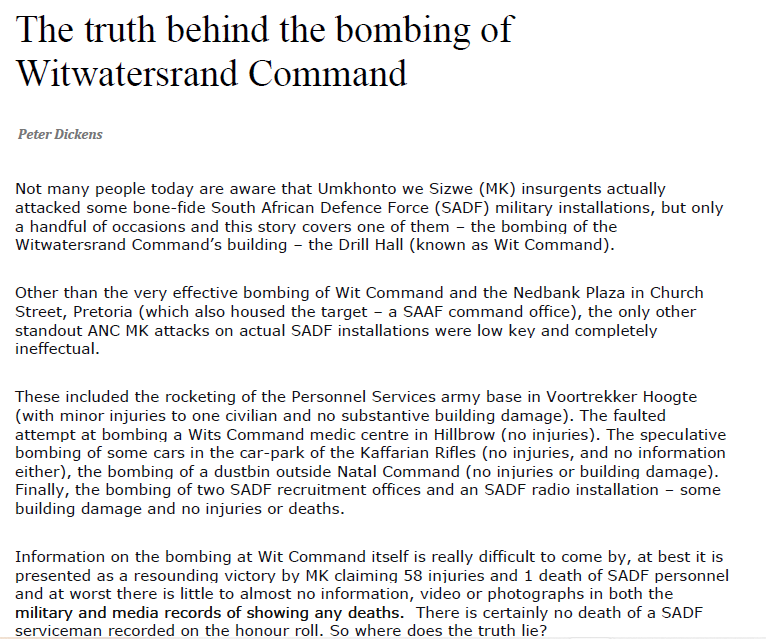 The truth behind the bombing of Witwatersrand Command, by Peter Dickens
