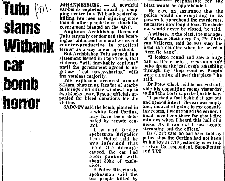 Tutu slams Witbank car bomb horror, The Cape Times, 25 October 1988