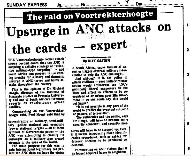 Upsurge in ANC attackers on the cards - expert, by Kitt Katzin, Sunday Express, 16 August 1981